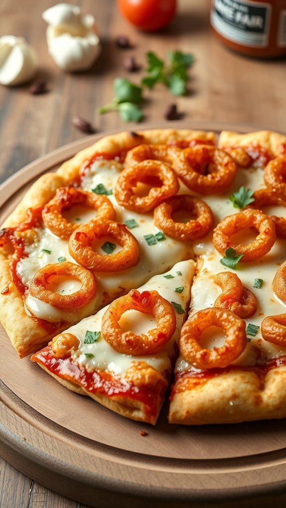 Onion ring pizza with melted cheese and crispy onion rings on a wooden board.